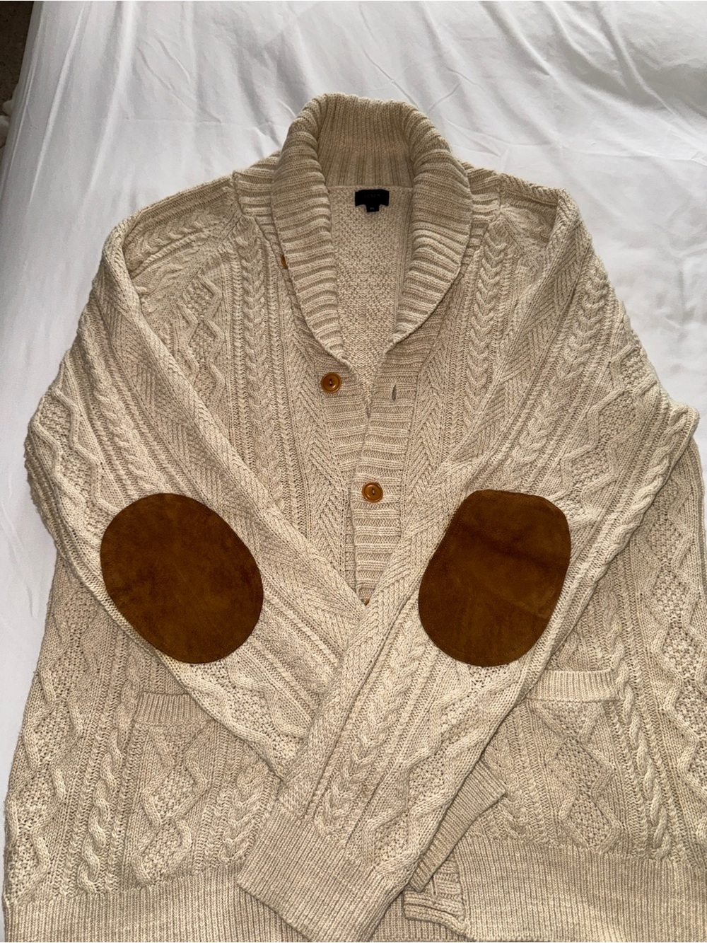 JCrew Shawl Collar Cable Knit Sweater Cardigan - Cream with Suede Elbow Patches